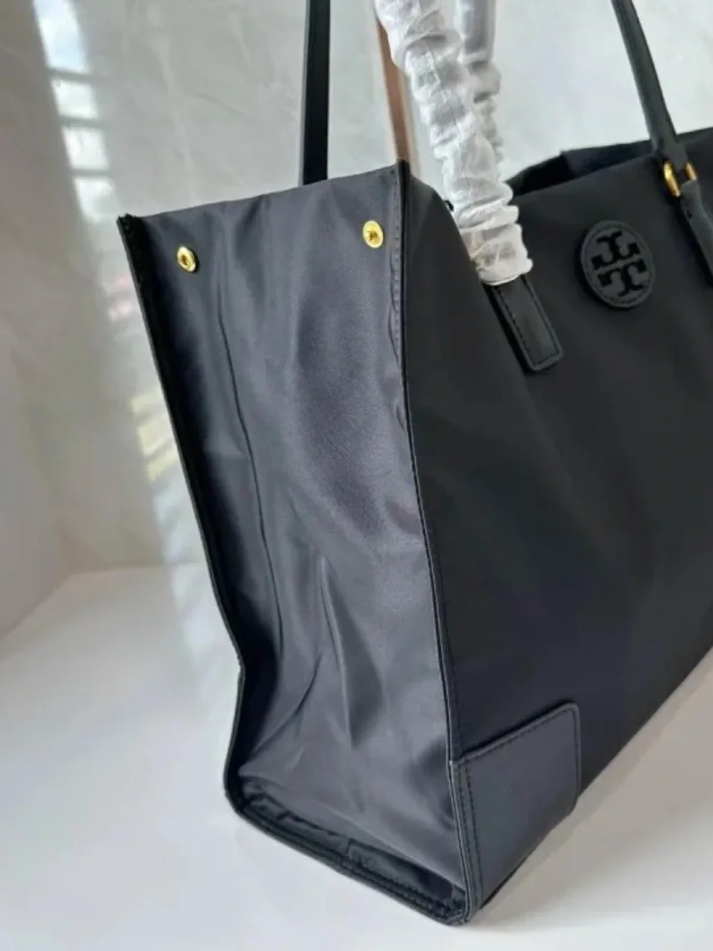 Tory Burch Black Nylon Logo Tote with Leather Handles